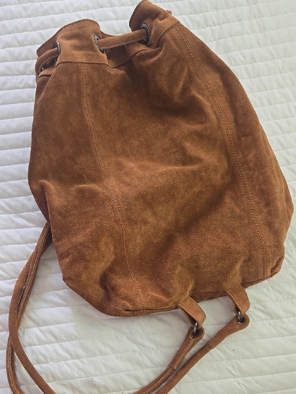 Suede Drawstring Backpack in Warm Chestnut With Side Zipper Inside Zipper NWT